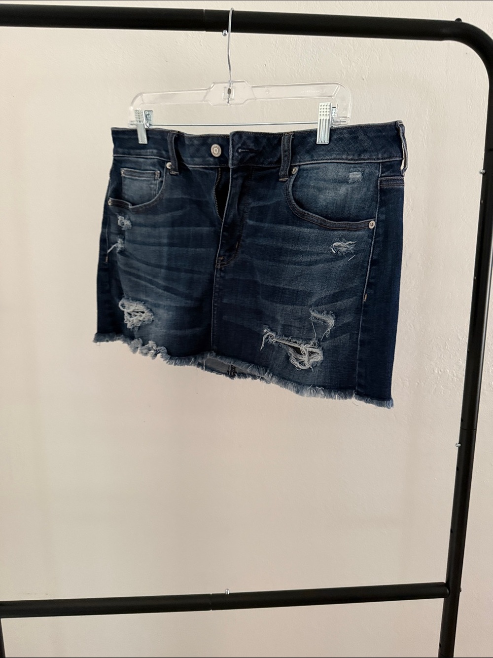 American Eagle Outfitters Dark Blue Distressed Denim Mini Skirt